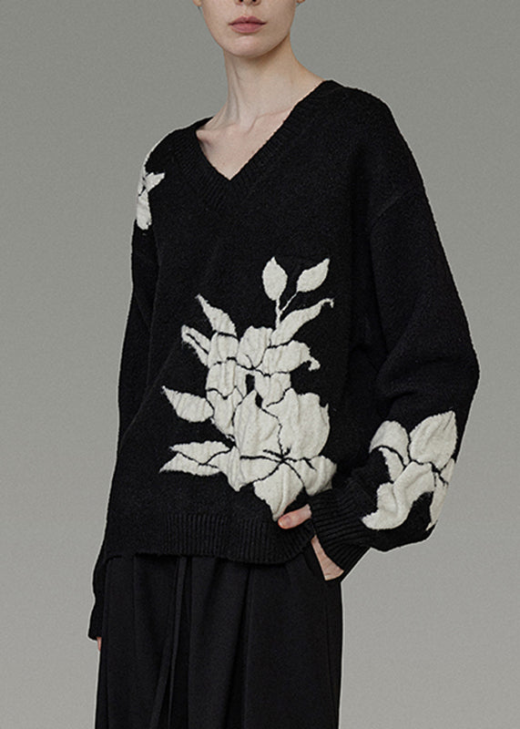 Black V Neck Cozy Cotton Knit Sweater Winter