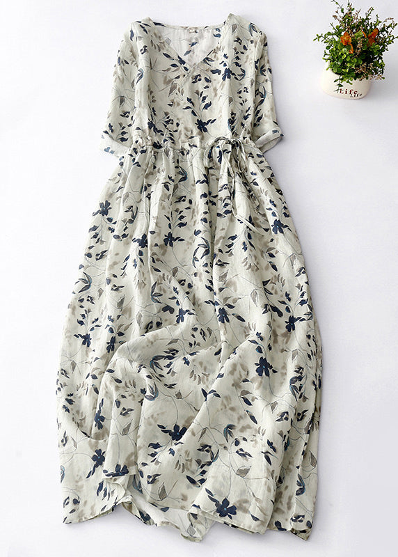 Light Grey Print Lace Up Cotton Dresses Summer
