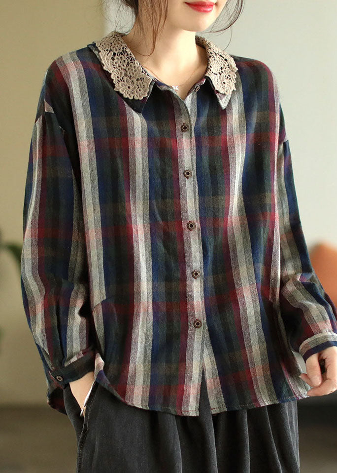 Colorblock Plaid Lace Patchwork Cotton Shirts Spring