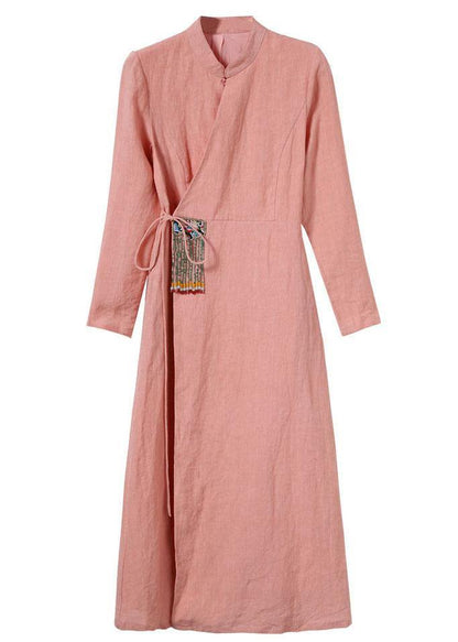 Unique Pink Embroideried Tie Waist Summer Linen Summer Dresses