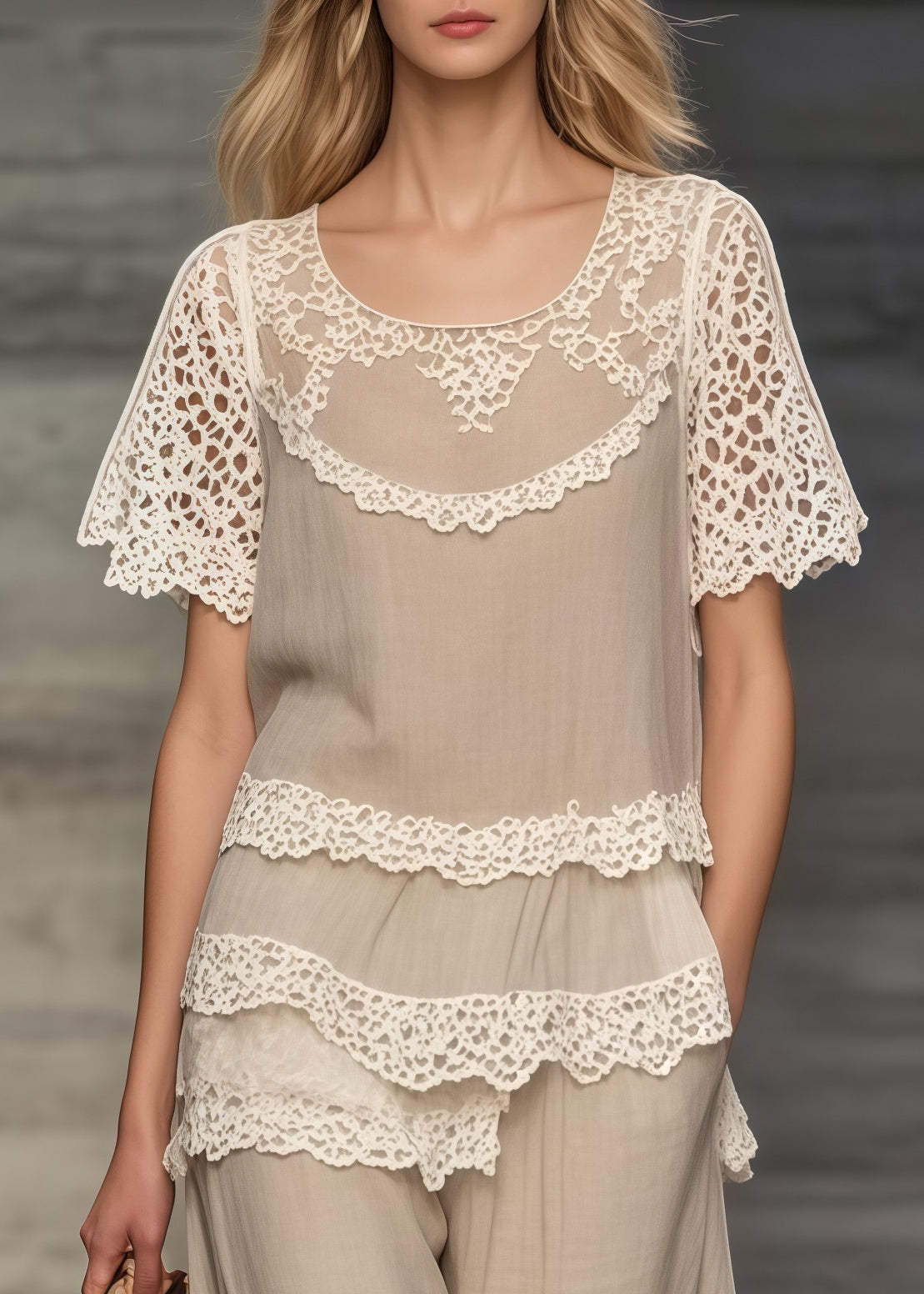 Khaki Asymmetrical Patchwork Lace Two Pieces Set Summer