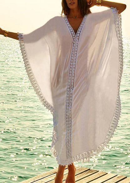 White Patchwork Hollow Outkimono Robe Summer Maxi Dress