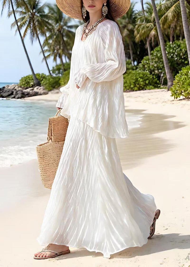 White Wrinkled Top and Skirts Silk Two Piece Suit Set Spring
