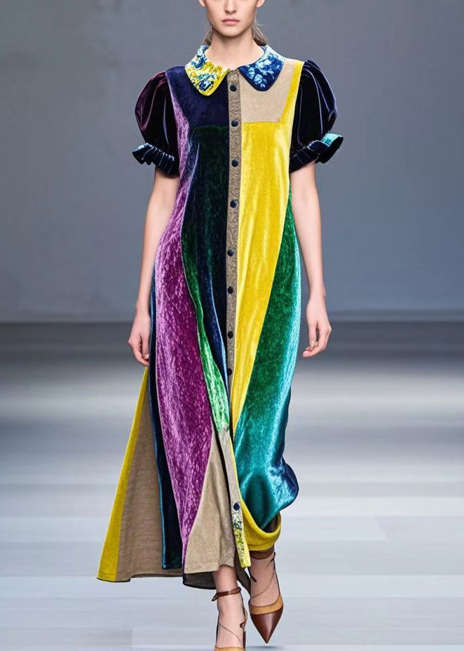 Colorblock Peter Pan Collar Patchwork Silk Velour Robe Dresses Fall