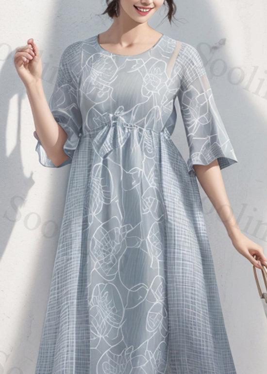 Loose Light Blue O Neck Print Wrinkled Silk Dress Summer