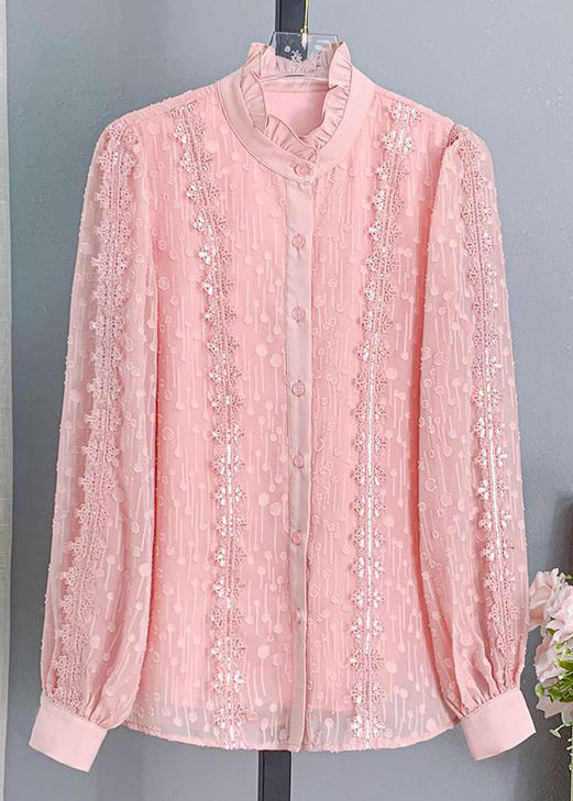 Pink Ruffled Button Lace Shirt Long Sleeve