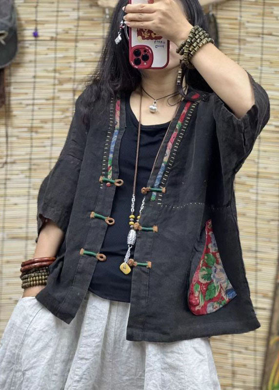 Green V Neck Pockets Chinese Button Patchwork Linen Coats Summer