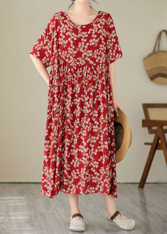 Red O Neck Print Wrinkled Patchwork Chiffon Dresses Summer