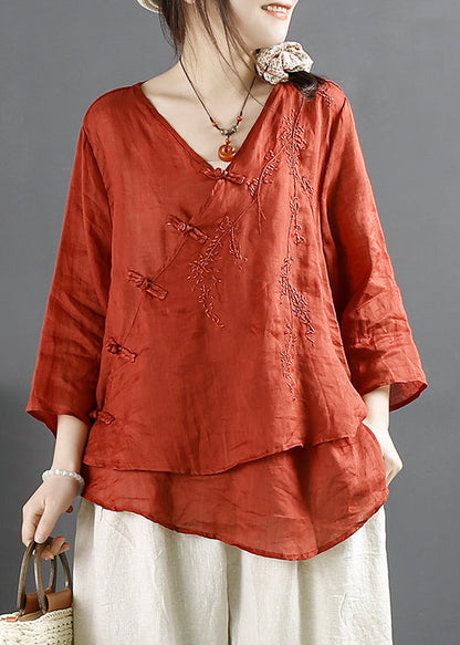 Purple V Neck Embroideried Chinese Button Linen Tops Summer