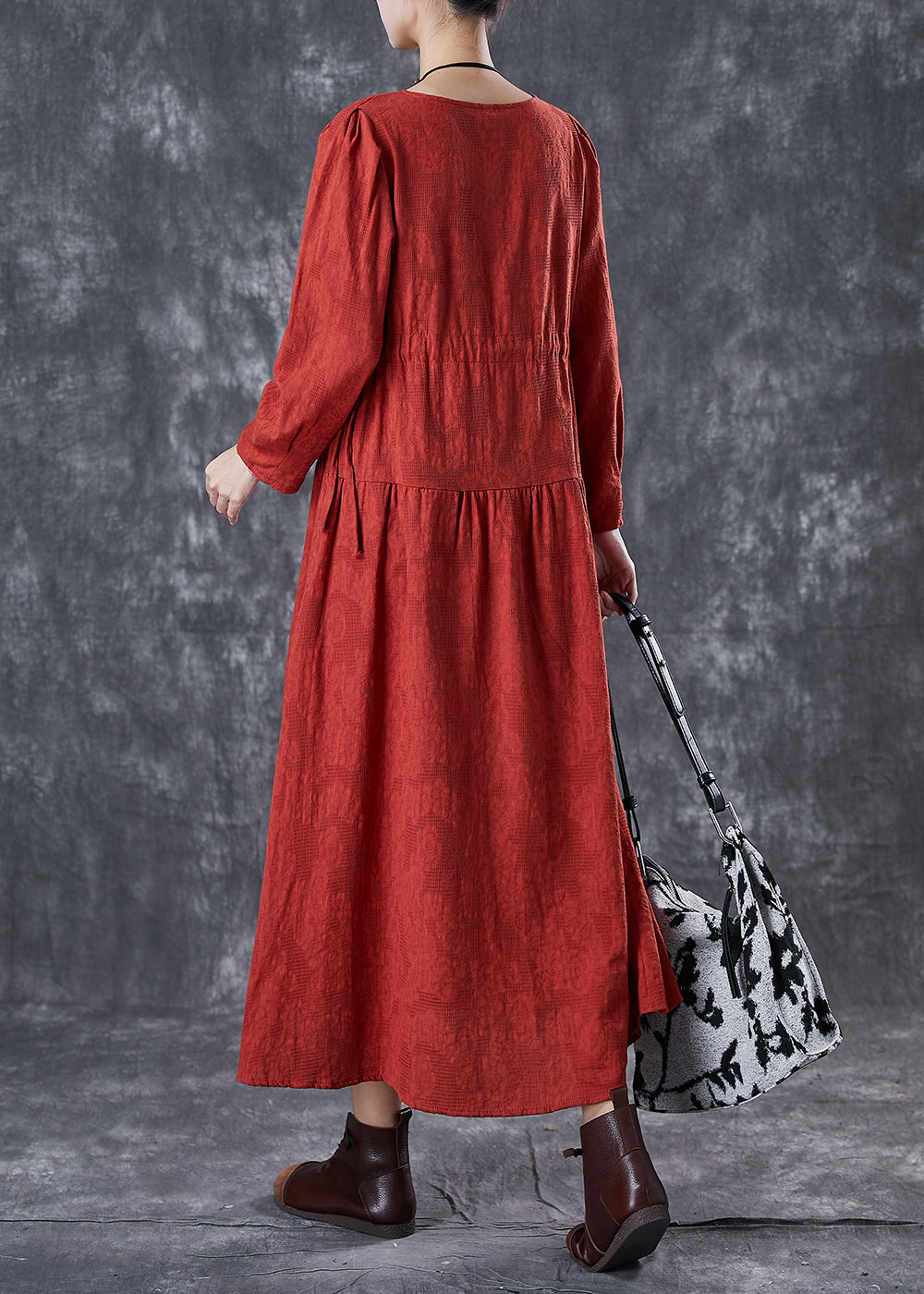 Red Cinched Patchwork Linen Dresses Fall
