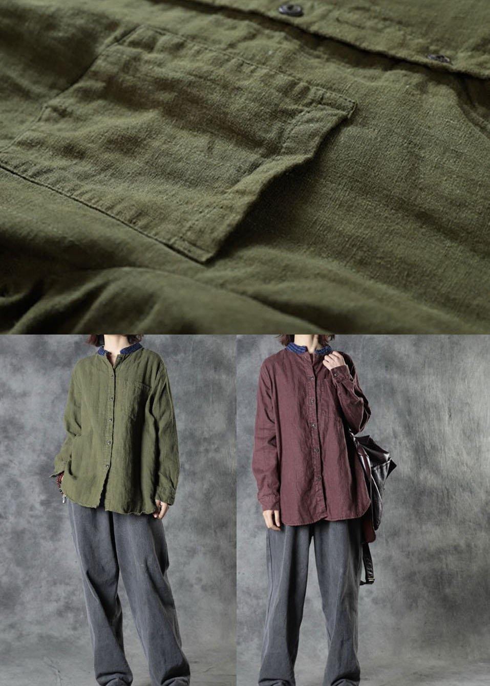 Organic Army Green Retro Pockets Fall Long Sleeve Top