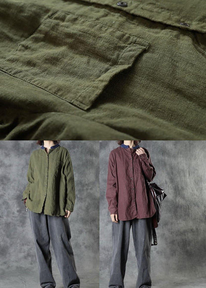 Organic Army Green Retro Pockets Fall Long Sleeve Top