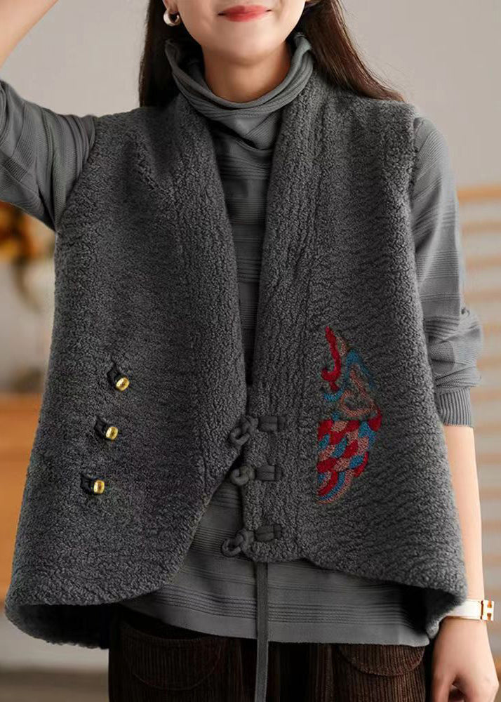 Grey V Neck Chinese Button Patchwork Wool Vest Sleeveless