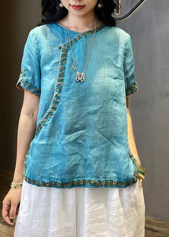 Chinese Style Yellow O-neck Embroideried Linen Tops Short Sleeve