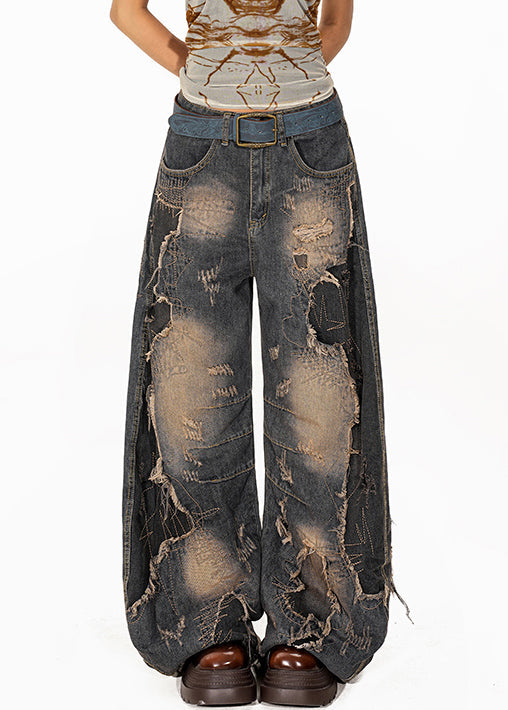 Denim Blue Pockets High Waist Ripped Jeans Fall