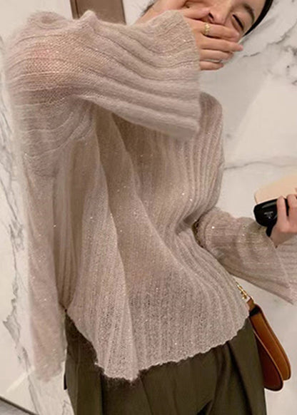 Beige O Neck Knit Sweaters Flare Sleeve