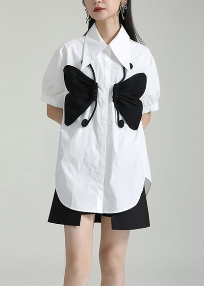 White Peter Pan Collar Butterfly Patchwork Cotton Shirts Top Summer