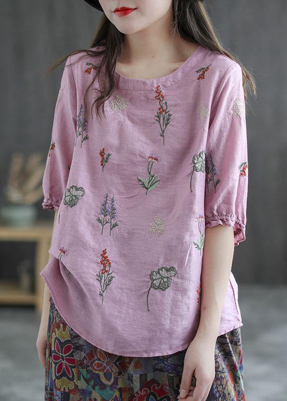 Pink Embroideried O-neck Half Sleeve Ramie Blouses Summer