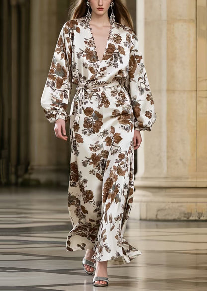 Brown Print Draping Silk Vacation Dresses Tie Waist Spring