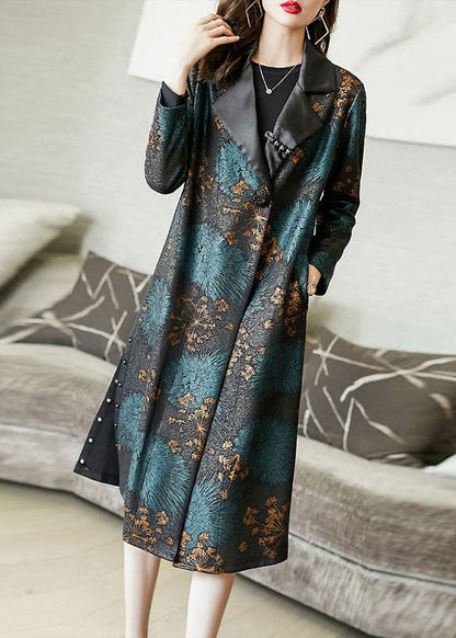 Classy Colorblock Peter Pan Collar Pockets Print Silk Trench Coat Spring