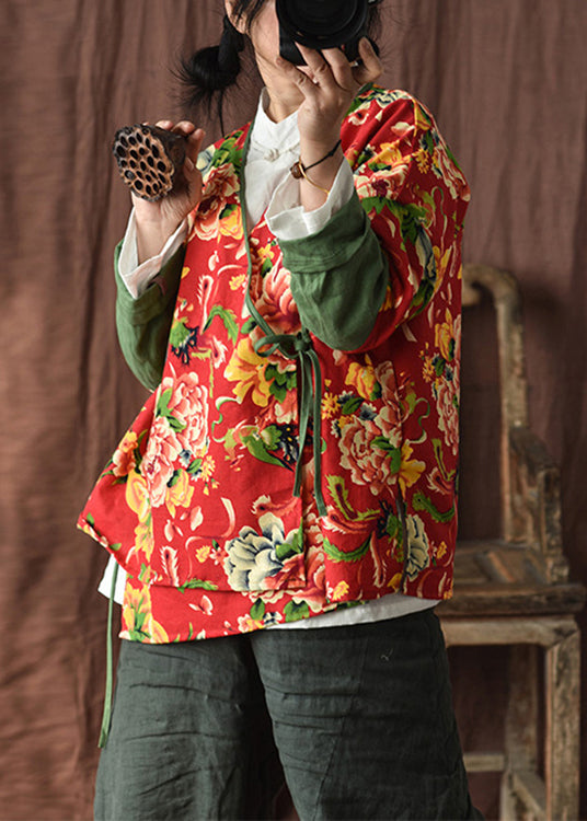 Red V Neck Print Lace Up Patchwork Cotton Coats Fall