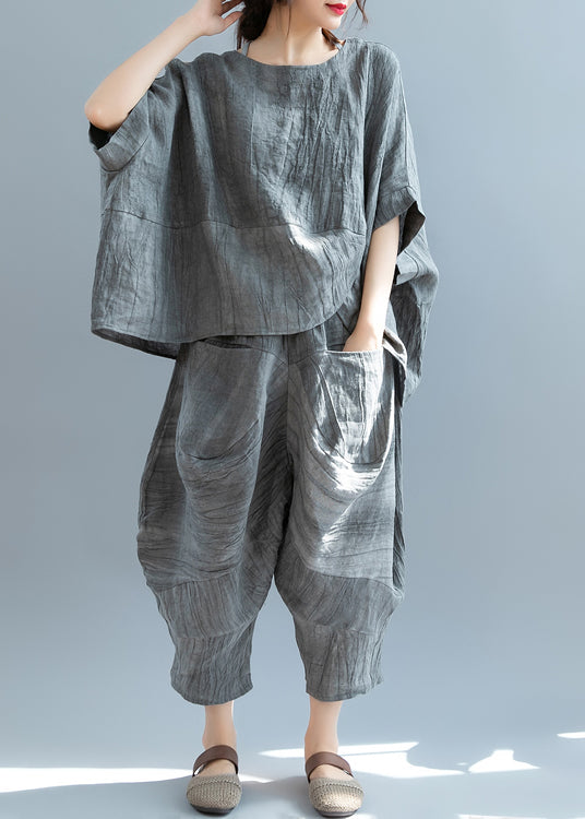 Classy Grey Asymmetrical Wrinkled Linen Two Piece Set Short Sleeve