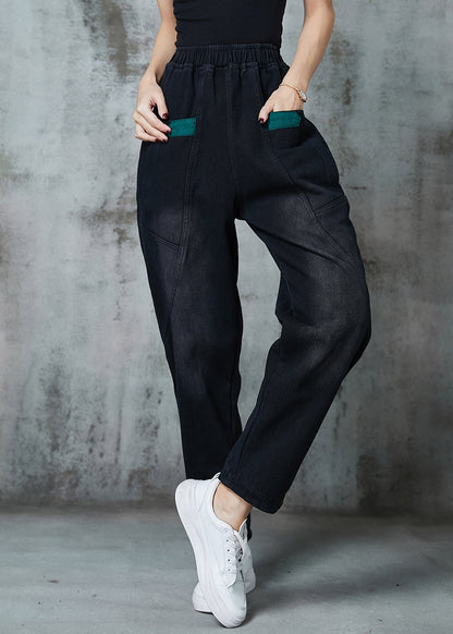 Black Pockets Warm Fleece Denim Pants Spring