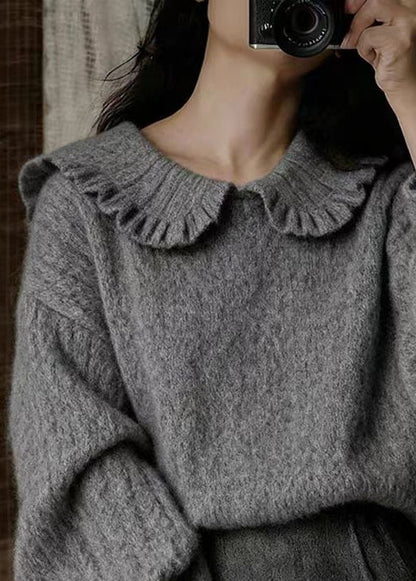 Dark Gray Peter Pan Collar Cozy Knit Sweater Winter