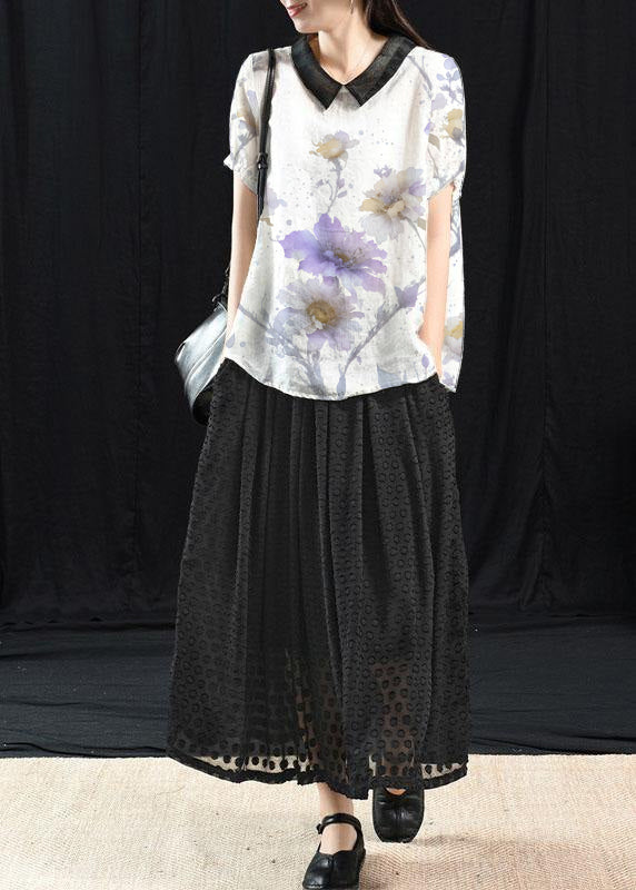 White Flowers and Birds Patchwork Turn-down Collar Summer Short Sleeve Top