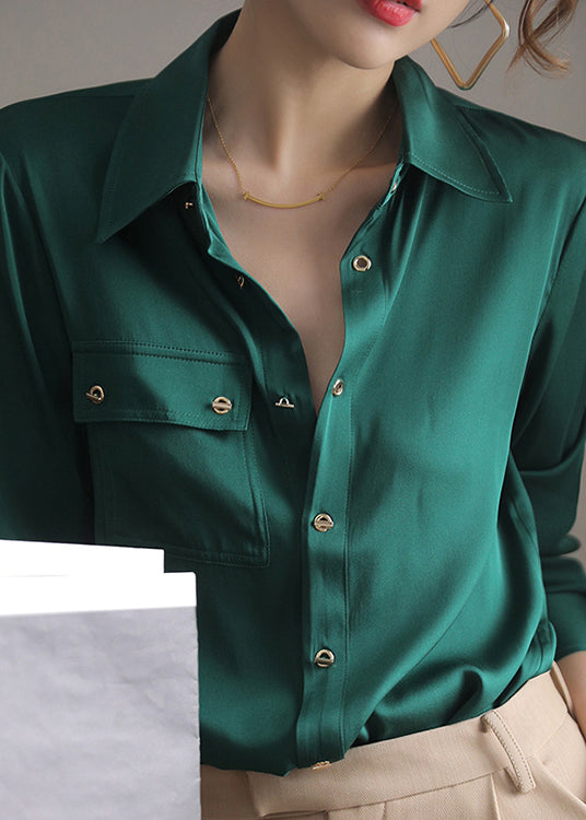 White Peter Pan Collar Pockets Button Silk Shirts Long Sleeve
