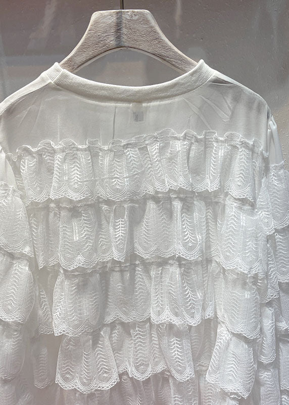 Diy Black O Neck Ruffled Layered Patchwork Lace Blouses Long Sleeve