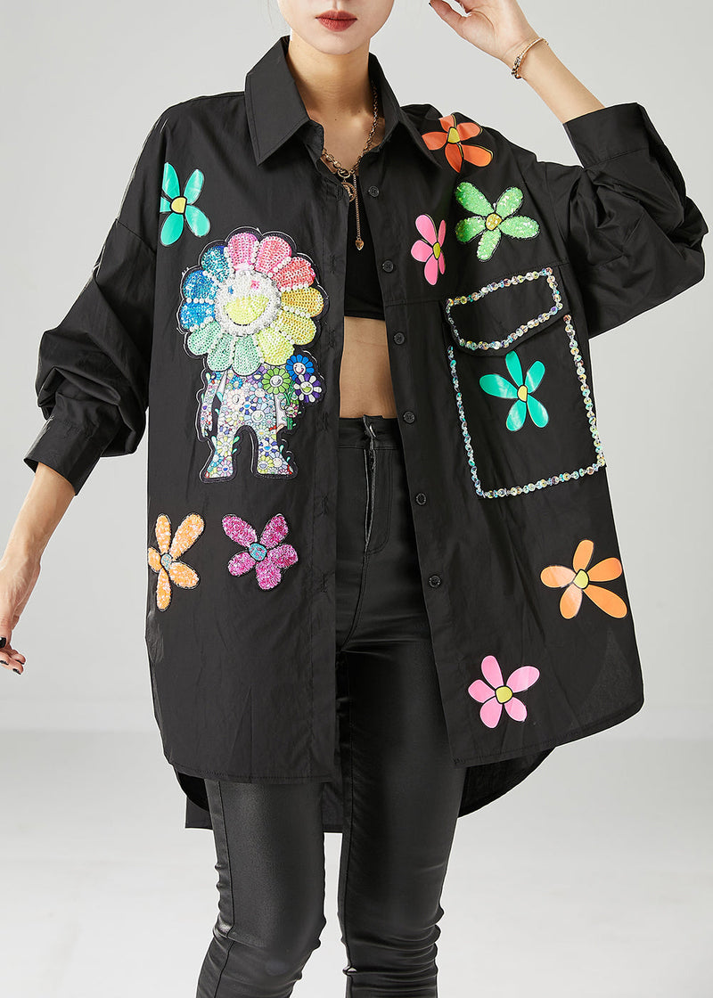 Black Oversized Sunflower Sequins Cotton Blouses Fall
