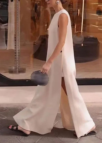 White Side Open Cotton a Line Dress Sleeveless Summer