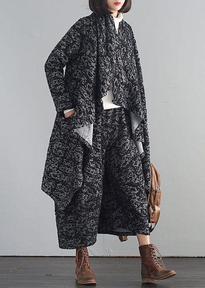 Grey V Neck Asymmetrical Trench Coats and Crop Pants Two Piece Set Fall