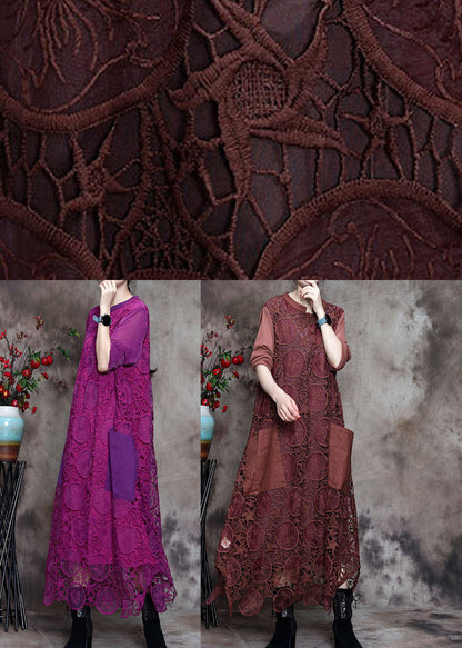 Purple Lace Pockets Side Open Fall Long Sleeve Dresses