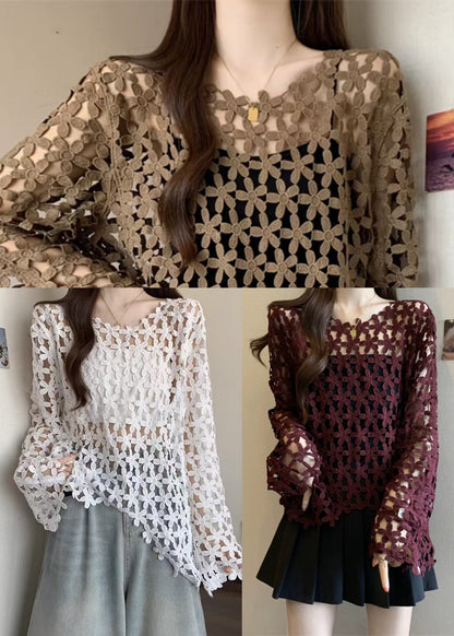 Fitted White Embroidered Hollow Out Tops Fall