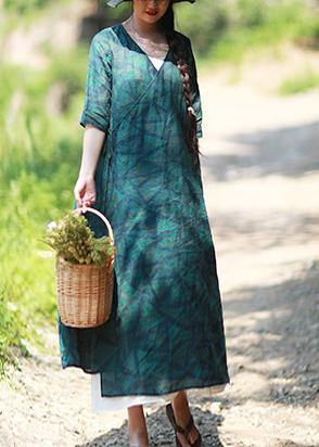 Natural V Neck Spring Quilting Clothes Blue Green Print Long Dresses