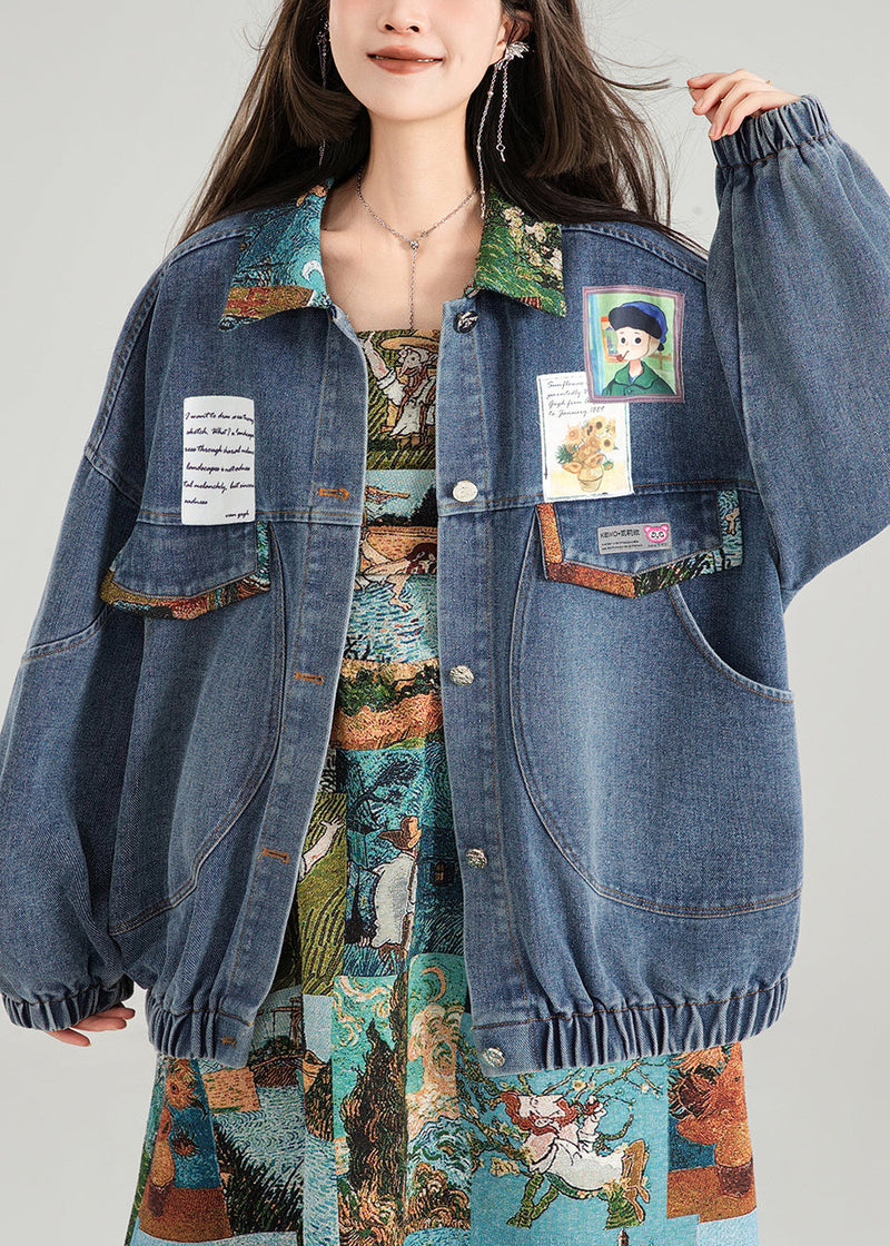 Loose Blue Bow Button Patchwork Denim Coat Spring
