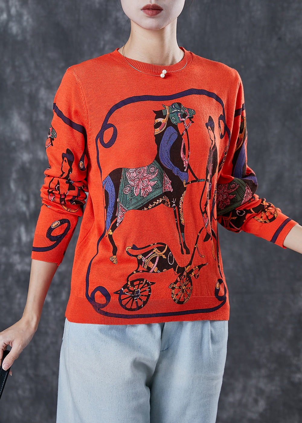 Orange O-neck Print Knit Pullover Spring