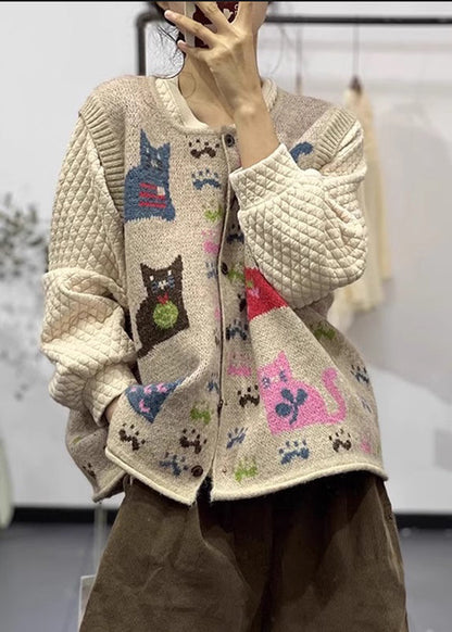 Loose Apricot O Neck Button Animal Print Knit Vest Sleeveless