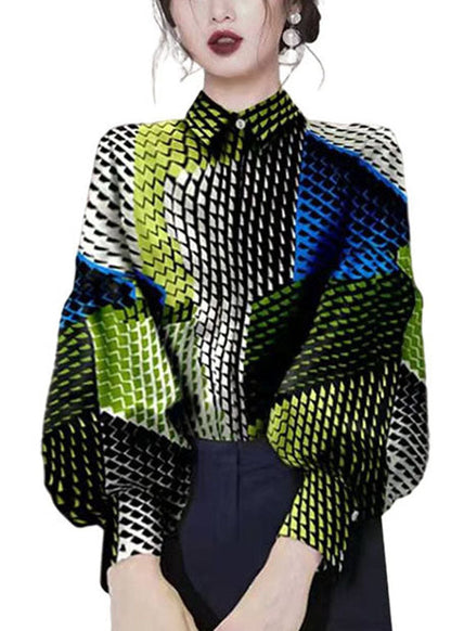 Colorblock Button Peter Pan Collar Print Blouses Lantern Sleeve