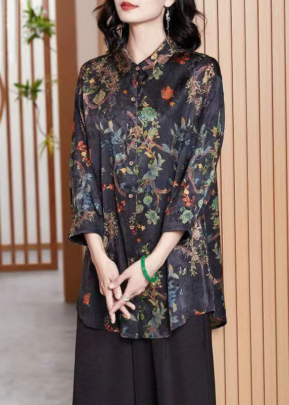 Navy Print Button Patchwork Silk Shirt Tops Fall