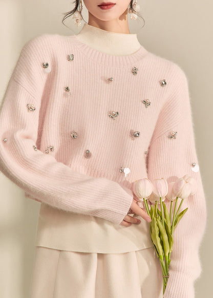 Pink O-neck Nail Bead Cotton Knit Short Sweater Fall