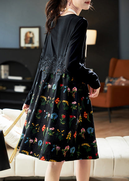 Black Embroidered Lace Patchwork Cotton Dress Spring
