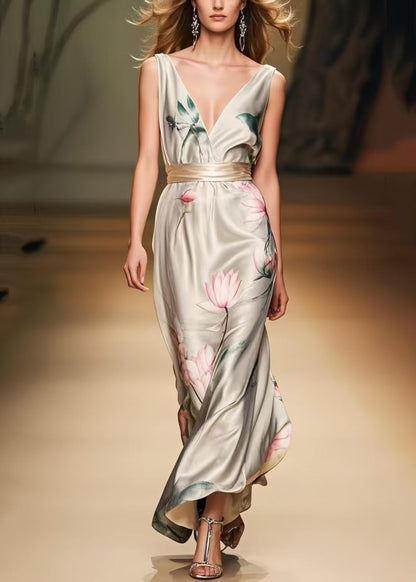 Apricot Cinched Print Silk Party Dress Summer