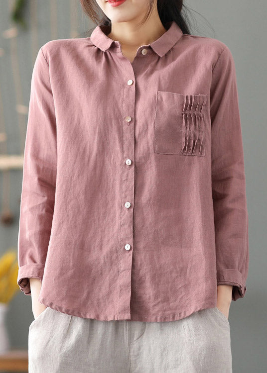 Pink Peter Pan Collar Patchwork Button Low High Design Linen Shirt Long Sleeve