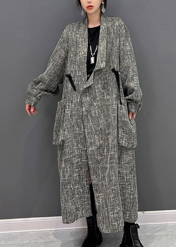 Grey Notched Plaid Button Trench Coats Fall