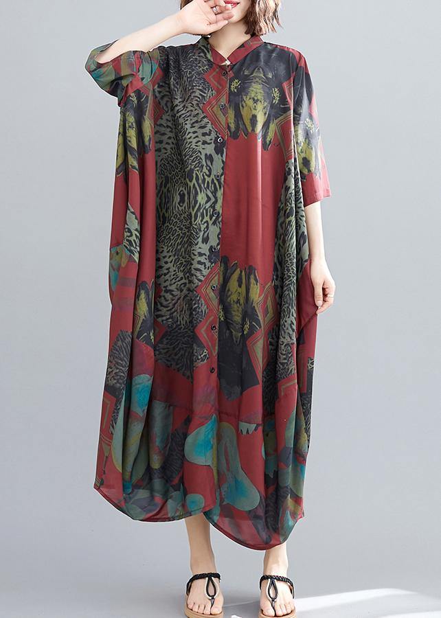 Red Abstract Pattern Tunic Stand Collar Maxi Summer Dresses