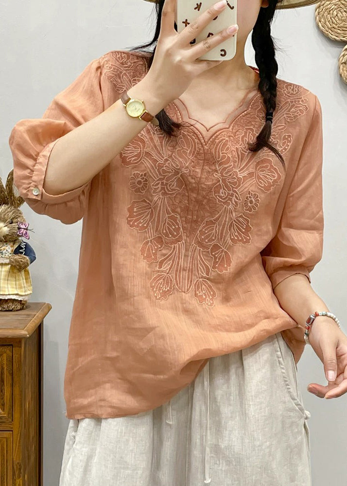 Retro White Embroideried Tulle Patchwork Ramie T Shirt Summer