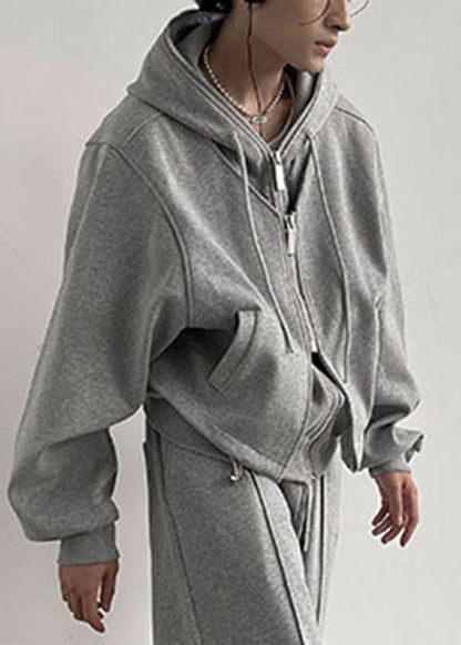 Grey Hooded Patchwork Zippered Cotton Fake Two Piece Coats Spring